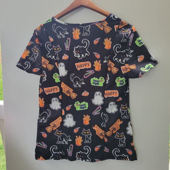 Cute Halloween Medical Scrub Top **Measure M/L** Candy Ghost Pumpkin Cat Cotton - Picture 8 of 9